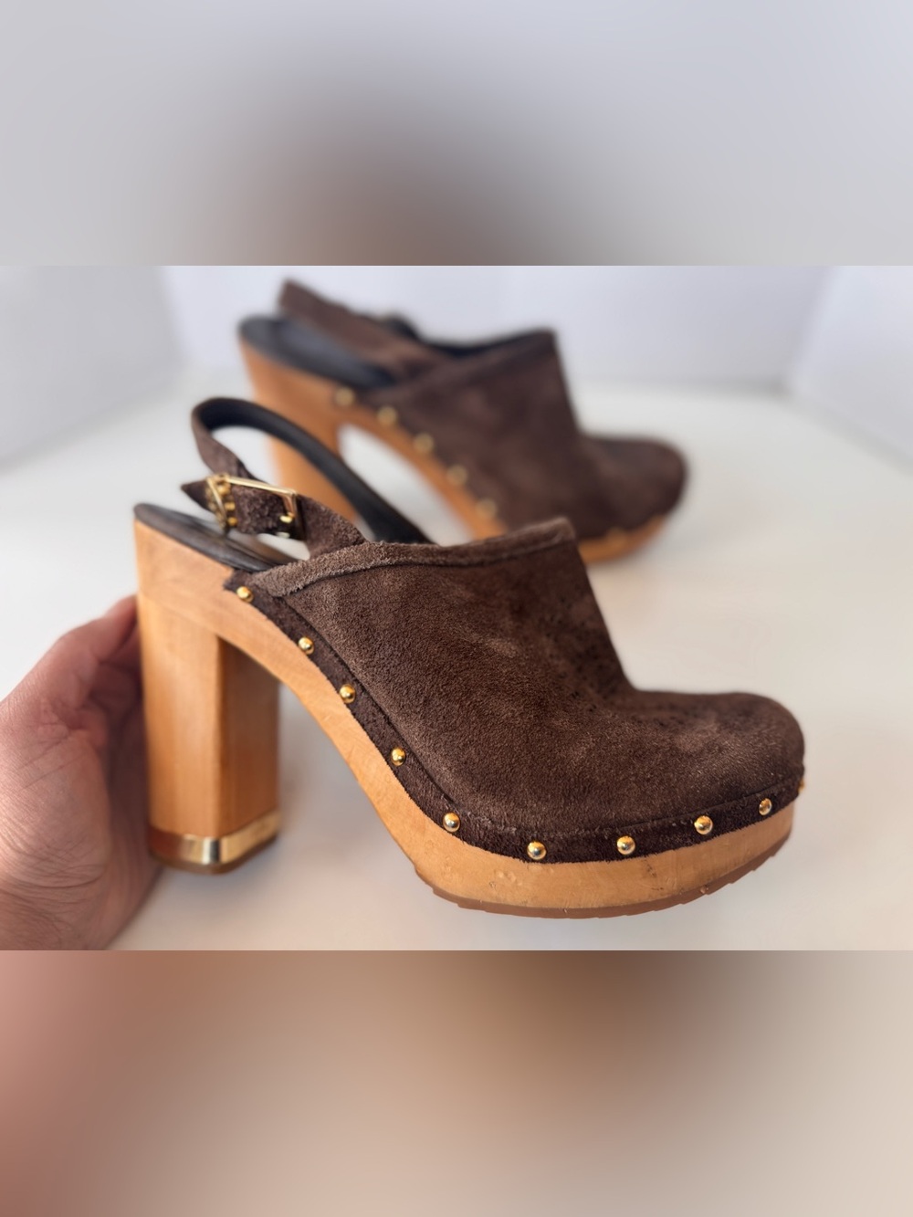 Tory Burch Brayden Brown Suede Chunky Wood Block Heel Slingback Platform Clogs